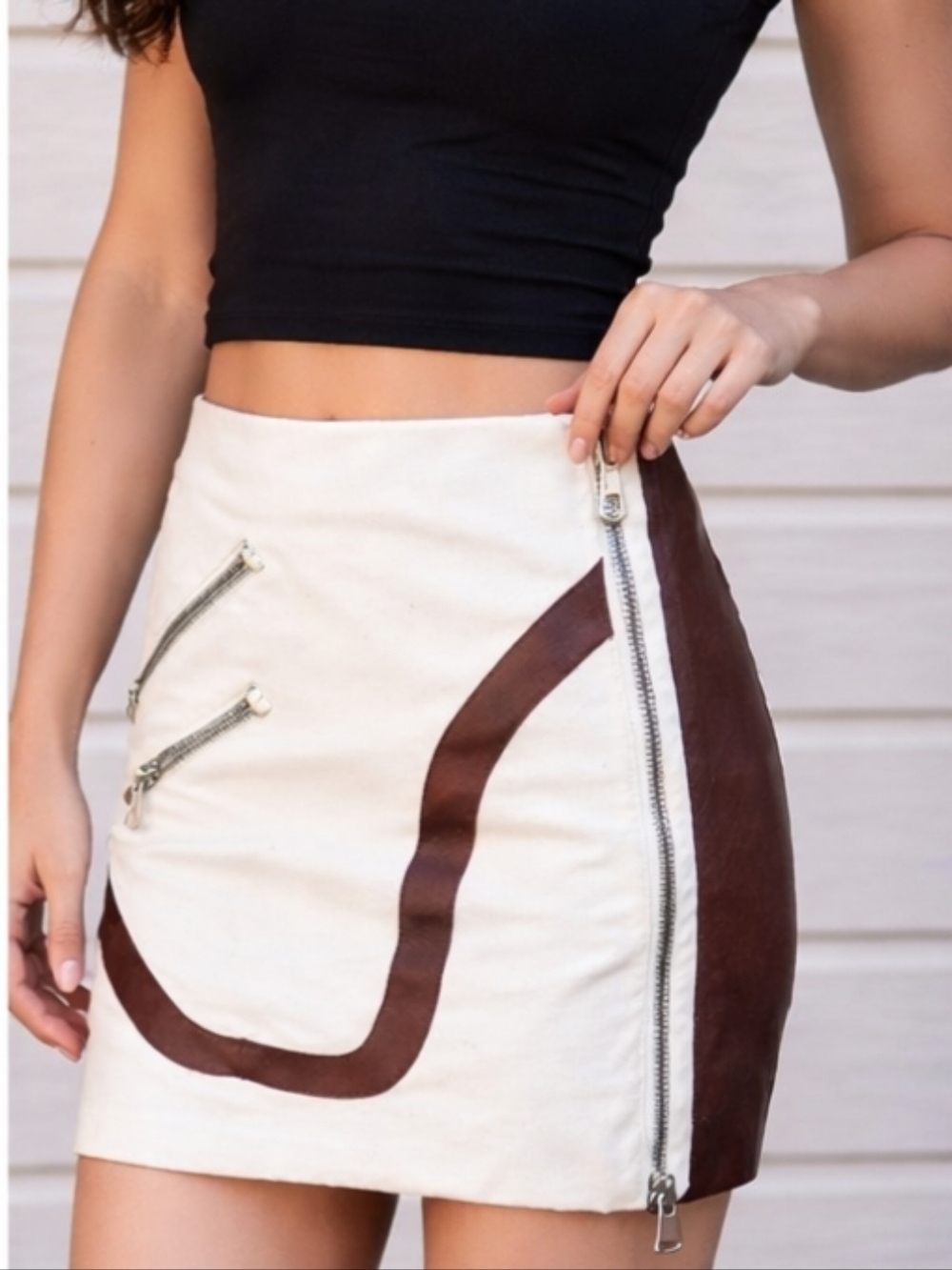 NEW Rag & Bone Cream Leather Trim Moto skirt sz 2